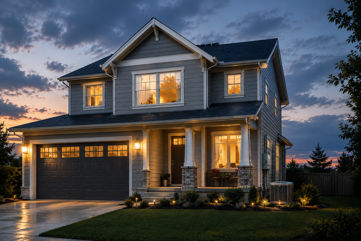 A warmly lit two-story home at dusk. Select a part of the home to explore that system and tell Rocco what you are noticing.